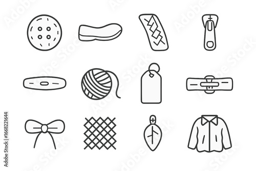 Biodegradable Fashion Icons. Outline icon set of biodegradable fashion components: coconut shell button,