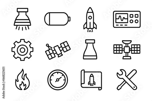 Propulsion Icons Grid. Outline icon set of propulsion engineering: thruster, fuel tank, rocket, control panel,