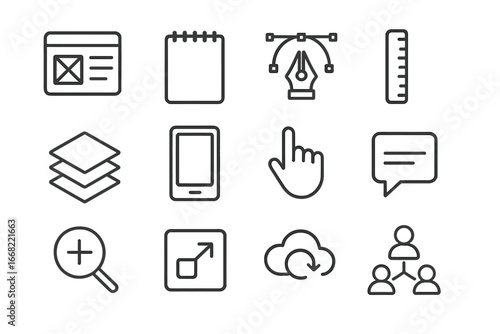 Prototyping Tool Icons. Outline icon set of prototyping tools: wireframe, sketchpad, pen tool, ruler, layers,