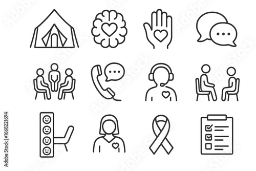 Psychological Support Icons. Outline icon set of psychological support services: therapy tent, mental health