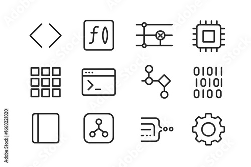Quantum Programming Icons. Outline icon set of quantum programming: coding brackets, function block, quantum