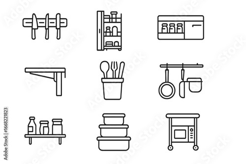 Tiny Kitchen Hacks Icons. Outline icon set of tiny kitchen hacks: magnetic knife strip, pull-out pantry, dish