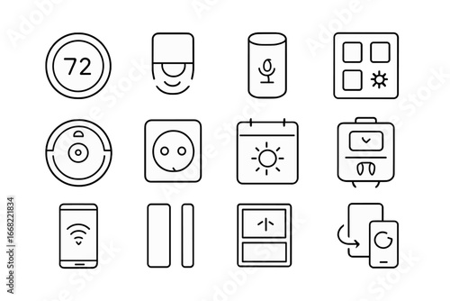 Smart Home Icon Set. Outline icon set of smart home gadgets for small spaces: smart thermostat, motion sensor,