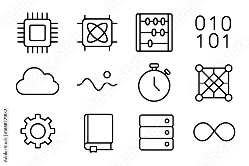 Quantum vs Classical Icons. Outline icon set of quantum versus classical computing: classical chip, quantum