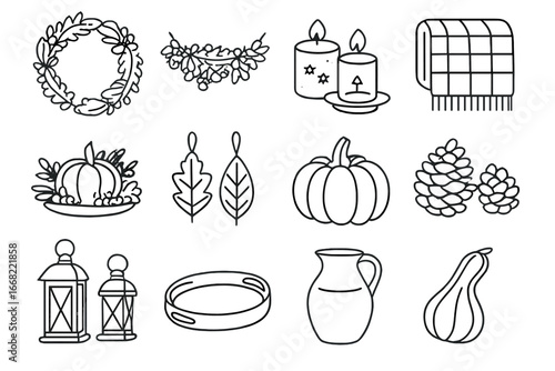 Cozy Thanksgiving Icons. Outline icon set of cozy home decor for Thanksgiving: autumn wreath, harvest garland,