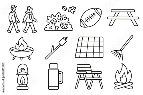 Outdoor Thanksgiving Icons. Outline icon set of outdoor Thanksgiving activities: autumn walk, leaf pile,