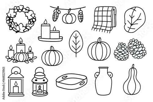 Cozy Thanksgiving Icons. Outline icon set of cozy home decor for Thanksgiving: autumn wreath, harvest garland,