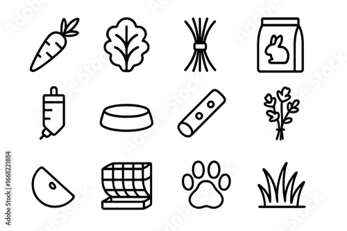 Rabbit Feeding Icons. Outline icon set of feeding rabbits: carrot, lettuce leaf, hay bundle, pellet bag, water