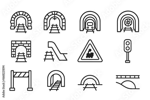 Railway Tunnel Icons. Outline icon set of rail tunnel entrance: stone arch, railway tracks, overhead cables,
