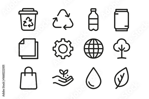 Recycling Icons Grid. Outline icon set of recycling and reuse: bin, arrow loop, bottle, can, paper, gear,