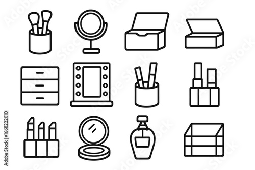 Vanity Table Essentials Icons. Outline icon set of vanity table essentials: brush holder, magnifying mirror,