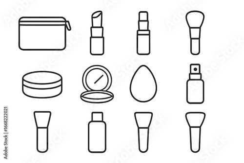 Minimalist Makeup Icons. Outline icon set of minimalist makeup kit: slim pouch, neutral lip tint, multi-use