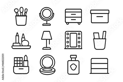 Vanity Table Essentials Icons. Outline icon set of vanity table essentials: brush holder, magnifying mirror,