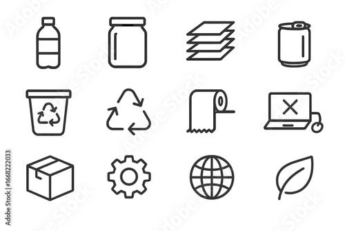 Recycling Icons Grid. Outline icon set of recycling and reuse: plastic bottle, glass jar, paper stack,