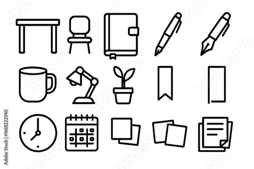Reflective Writing Icon Set. Outline icon set of reflective writing sessions: desk, chair, journal, fountain