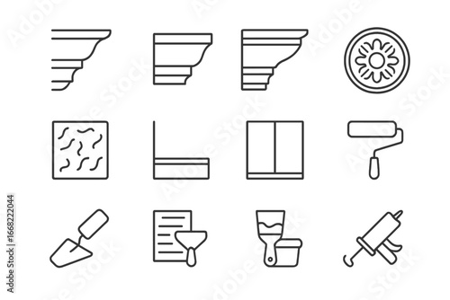Interior Work Icons. Outline icon set of interior finishing works: crown molding, baseboard, plaster cornice,