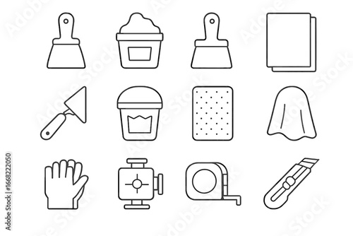 Wall Renovation Icons. Outline icon set of wall renovation essentials: putty knife, patching compound, scraper