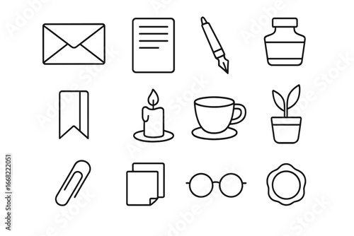 Reflective Writing Icons. Outline icon set of reflective letter writing: envelope, letter paper, pen, ink