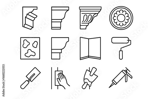 Interior Work Icons. Outline icon set of interior finishing works: crown molding, baseboard, plaster cornice,