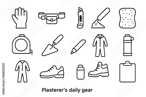 Plasterer's Essential Icons. Outline icon set of plasterer’s daily gear: work gloves, tool belt, utility knife