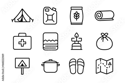 Refugee Camp Icon Set. Outline icon set of refugee camps: tent, water container, food package, sleeping mat,