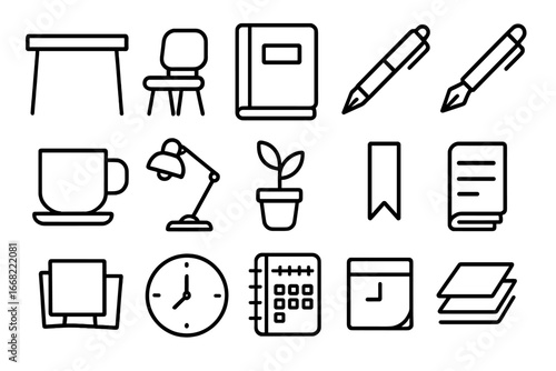 Reflective Writing Icon Set. Outline icon set of reflective writing sessions: desk, chair, journal, fountain