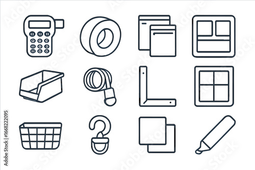 Decluttering Tool Icons. Outline icon set of decluttering tools: label maker, tape, zip bags, divider tray,