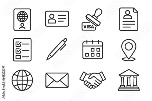 Refugee Documentation Icons. Outline icon set of refugee documentation: passport, ID card, visa stamp,