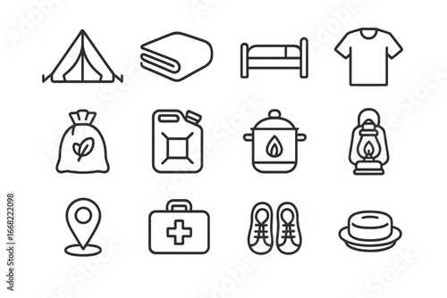 Refugee Supplies Icons. Outline icon set of refugee camp supplies: tent, blanket, bed, clothes, food bag,