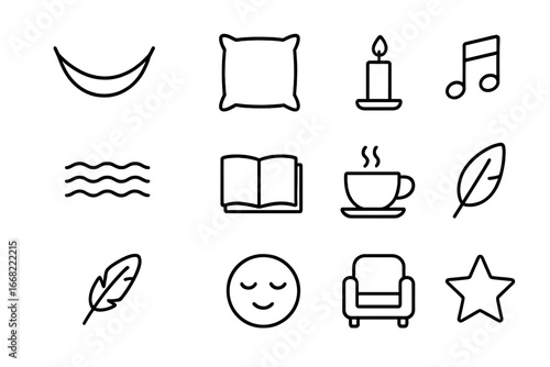 Relaxation Icon Set. Outline icon set of relaxation: hammock, pillow, candle, music note, water wave, book,