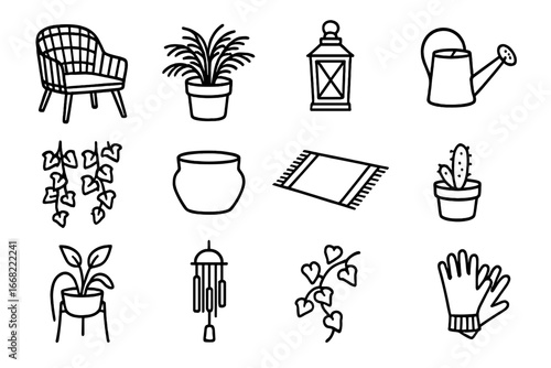 Relaxing Patio Icons. Outline icon set of relaxing patio with plants: wicker chair, potted fern, lantern,
