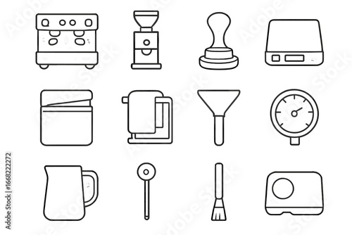 Coffee Station Icons. Outline icon set of professional coffee station: espresso machine, grinder, tamper set,