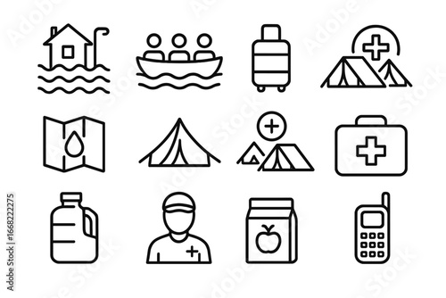 Relocation Icon Set. Outline icon set of relocation due to sea level rise: flooded street, rescue boat,