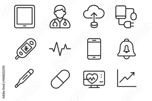Remote Patient Icons. Outline icon set of remote patient monitoring: tablet device, doctor avatar, cloud data,