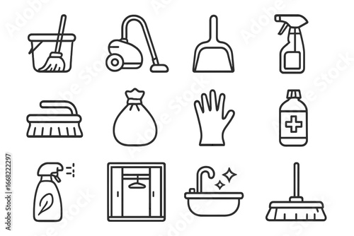 Cleaning Icon Set. Outline icon set of cleaning before long-term vacancy: mop bucket, vacuum cleaner, dustpan,