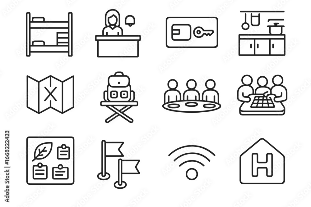 Fototapeta premium Hostel Icon Set. Outline vector icons of hostel or shared stay: bunk beds, check-in desk, key card, shared