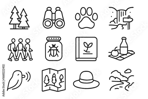 Nature Exploration Icons. Outline vector icons of friends exploring nature: trees, binoculars, wildlife print,
