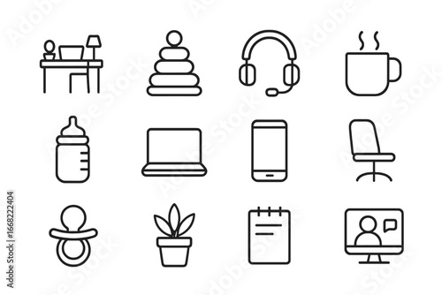Remote Work Essentials. Outline icon set of remote work with children: home desk, toddler toy, headset, coffee