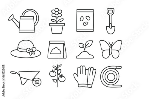 Gardening Icons Grid. Outline vector icons of gardening with grandparents: watering can, flower pot, seed