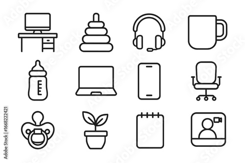 Remote Work Essentials. Outline icon set of remote work with children: home desk, toddler toy, headset, coffee