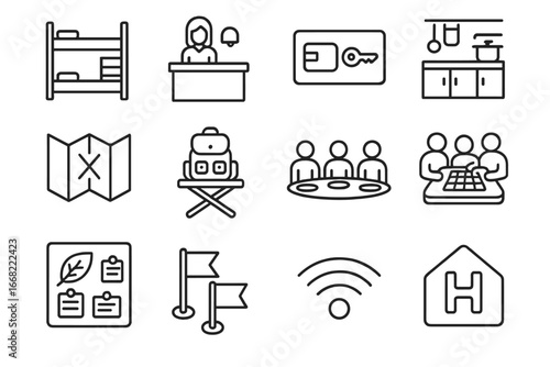 Hostel Icon Set. Outline vector icons of hostel or shared stay: bunk beds, check-in desk, key card, shared