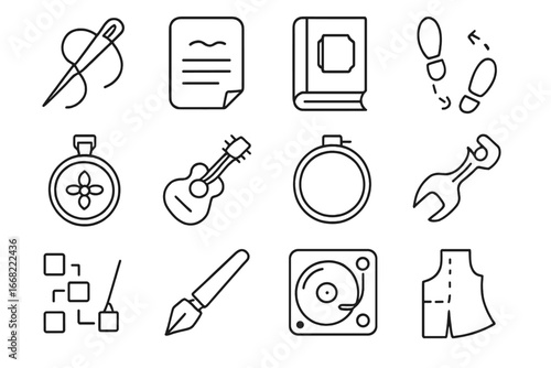 Learning Tradition Icons. Outline vector icons of learning traditions: needlework, handwritten recipe, classic