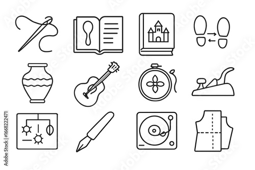 Learning Tradition Icons. Outline vector icons of learning traditions: needlework, handwritten recipe, classic