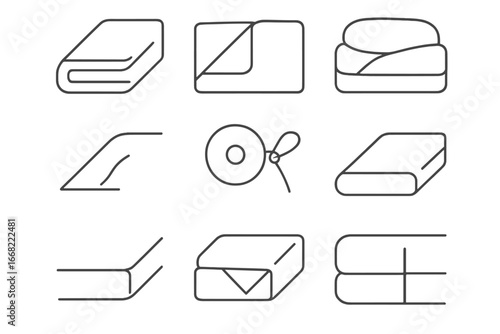 Duvet Icon Grid. Outline vector icons of duvet corner: folded edge, tucked-in corner, pillow overlap,