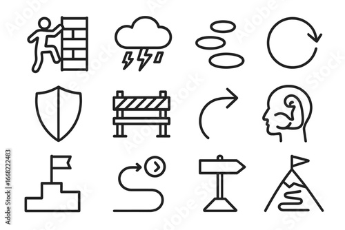 Resilience Icons Grid. Outline vector icons of resilience and persistence: wall climb, storm cloud, stepping