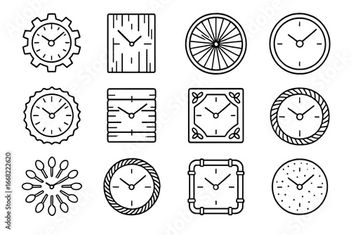 Repurposed Wall Clock Icons. Outline icon set of decorative wall clocks made from repurposed materials: gear
