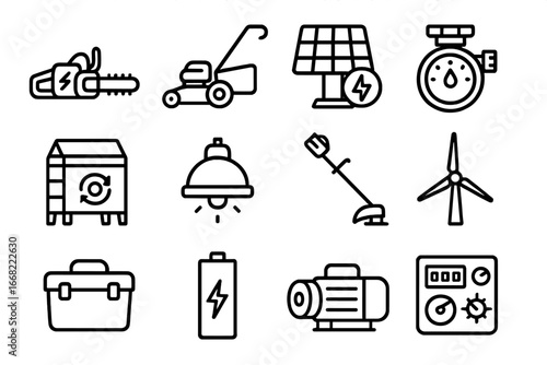 Renewable Farm Tools Icons. Outline icon set of renewable-powered farm tools: electric chainsaw, battery mower