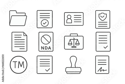 Startup Legal Icons Grid. Outline vector icons of startup legal setup: document folder, business license, tax