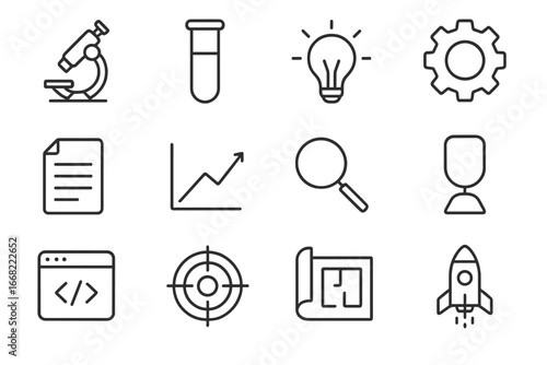 Research Icons Grid. Outline icon set of research and development: microscope, test tube, light bulb, gear,