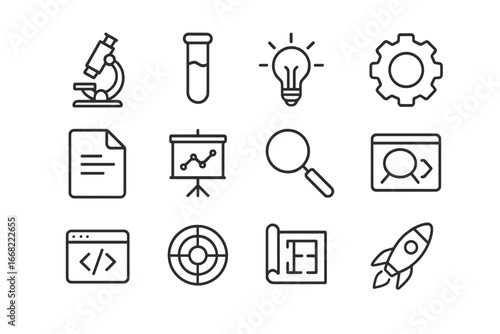 Research Icons Grid. Outline icon set of research and development: microscope, test tube, light bulb, gear,